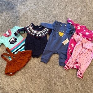0-3 month girls bundle of sweater dresses and pjs